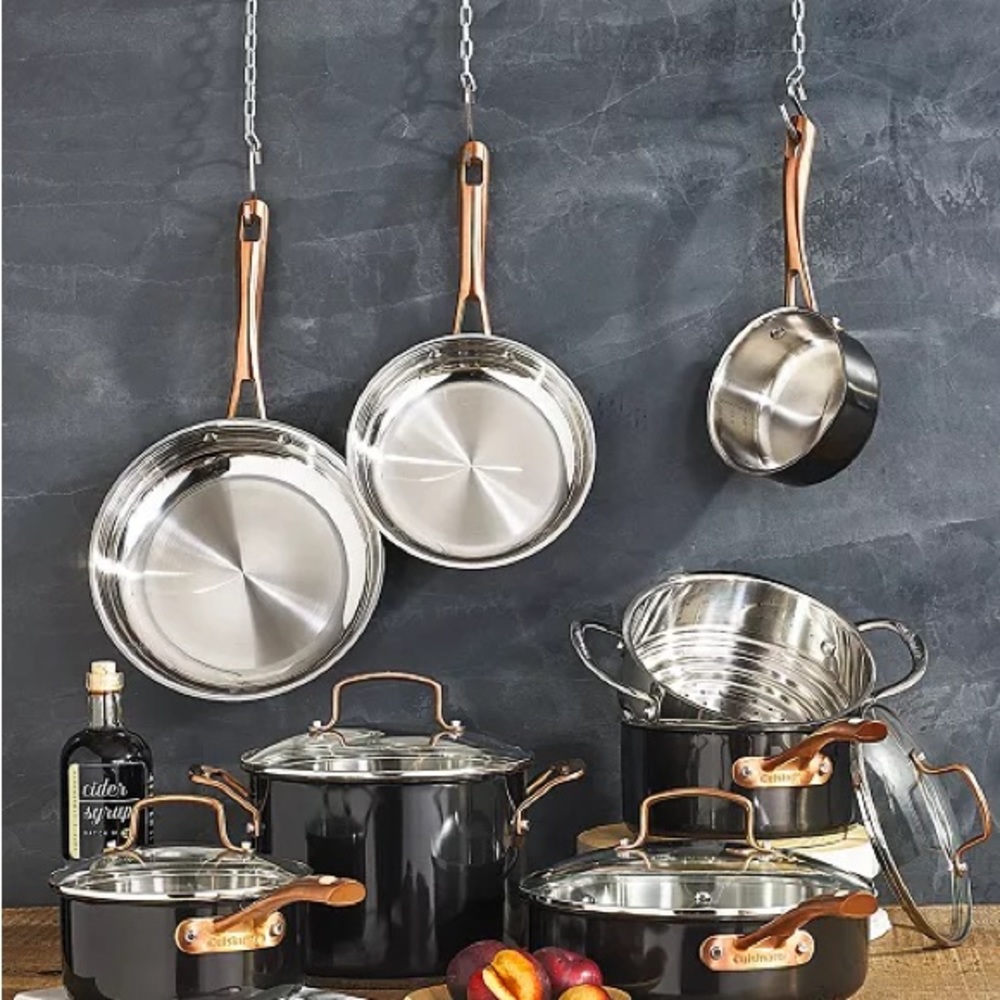 Minimally used 13 piece set of Rose Gold and Matte Black Cuisinart pots/pans